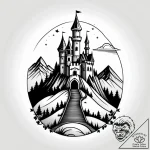 Tattoo sketch, castle walking through mountai… – style Jagger Old – tattoo sketch (09.11.2025 21:40)