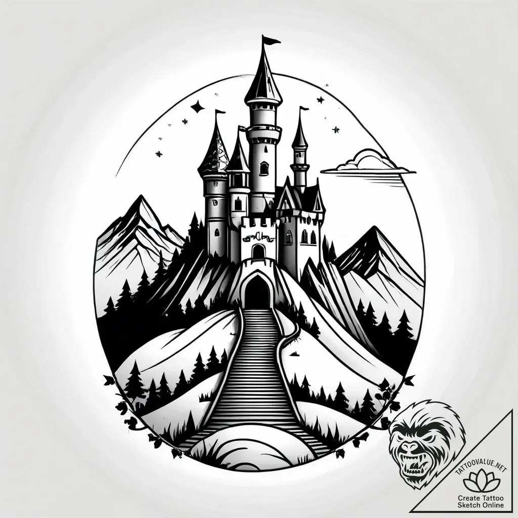 Tattoo sketch, castle walking through mountai... - style Jagger Old - tattoo sketch (09.11.2025 21:40)