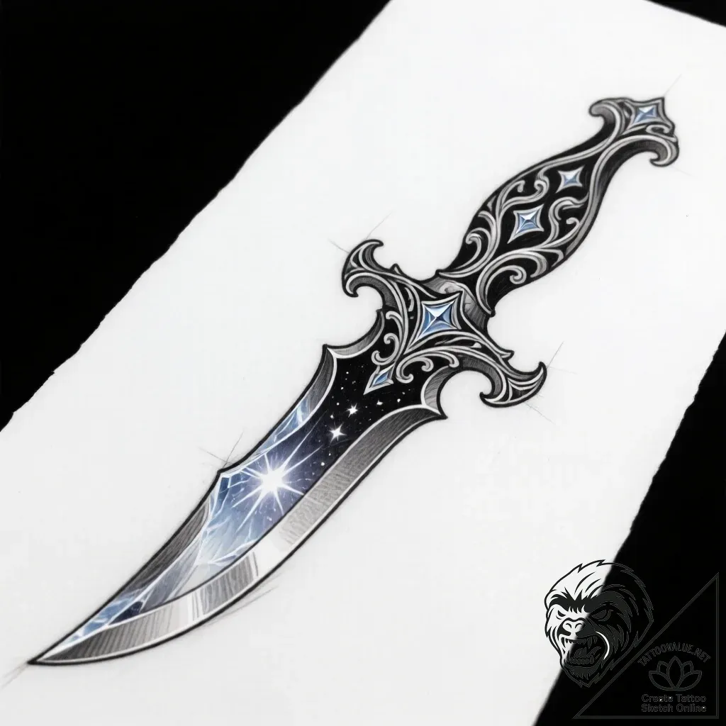 Knife forged from celestial ice, ink illustra... - style Flux Inscriptions - tattoo sketch (09.11.2025 22:19)
