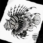 Lionfish with spines of sharp obsidian, tatto… – style Flux Inscriptions – tattoo sketch (09.11.2025 23:31)