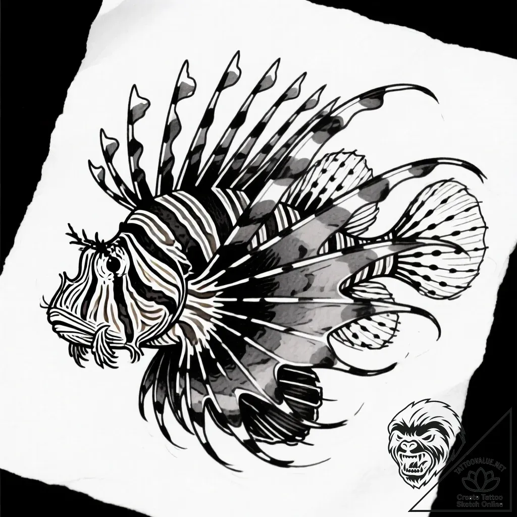 Lionfish with spines of sharp obsidian, tatto... - style Flux Inscriptions - tattoo sketch (09.11.2025 23:31)