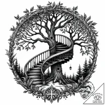 Hollow tree with a spiral staircase inside, t… – style Jaeger Mini – tattoo sketch (09.11.2025 23:37)