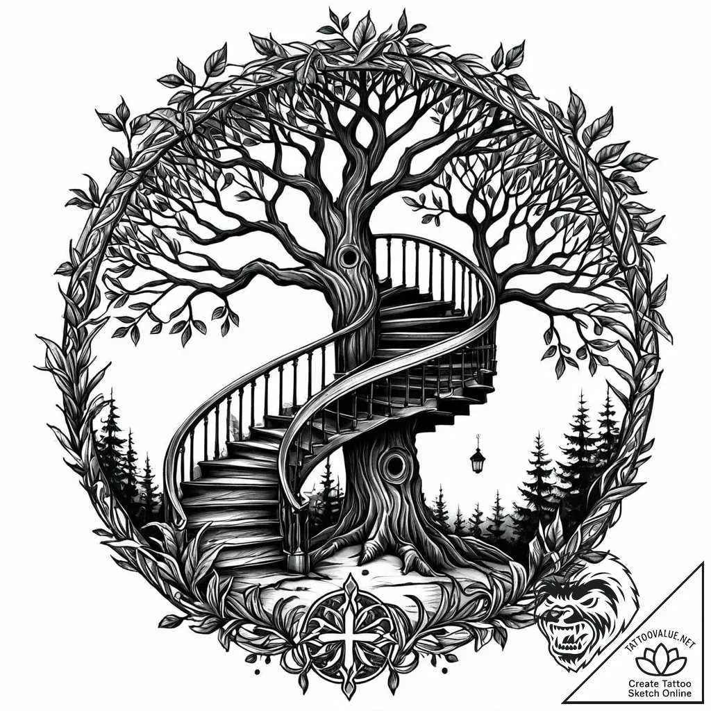 Hollow tree with a spiral staircase inside, t... - style Jaeger Mini - tattoo sketch (09.11.2025 23:37)