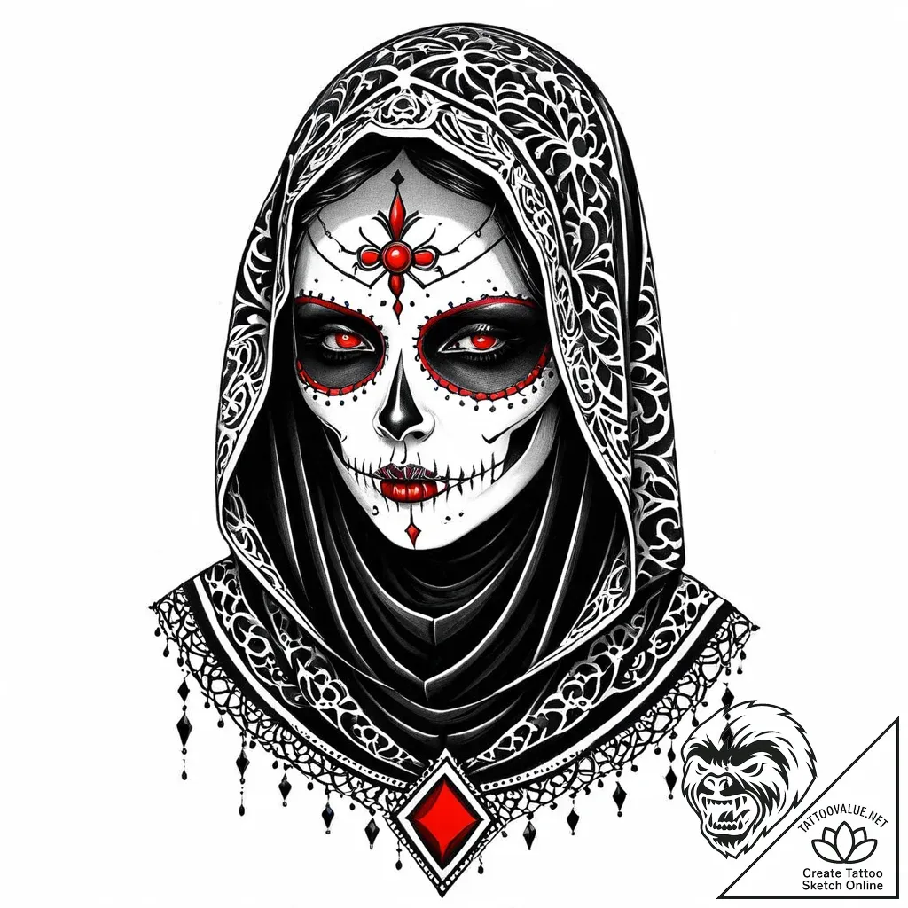 Veiled widow with a subtle, skeletal face und... - style Jaeger Mini - tattoo sketch (09.11.2025 23:49)