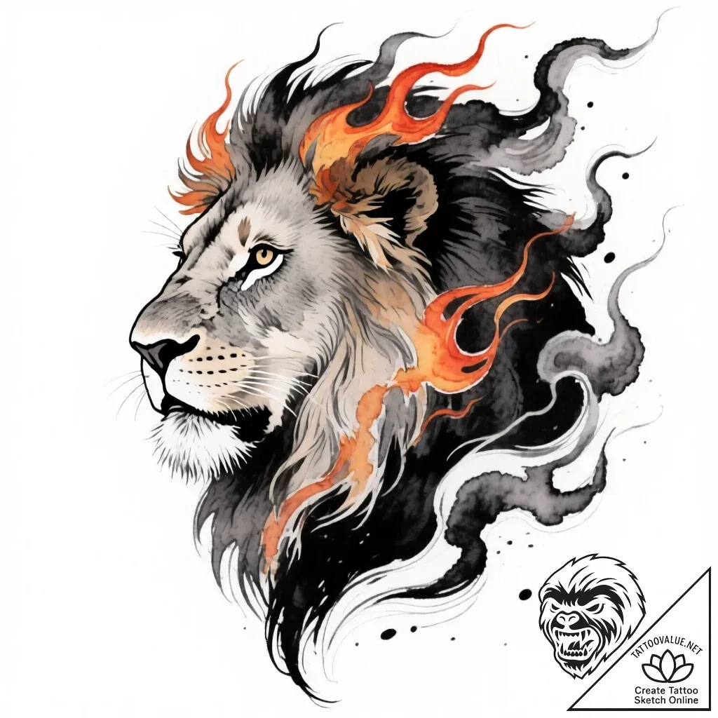 Lion with a mane of fire and smoke, tattoo fl... - style Flux Inscriptions - tattoo sketch (09.11.2025 23:55)