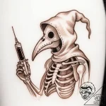 Plague doctor with a syringe full of a dark e… – style Flux Inscriptions – tattoo sketch (10.11.2025 00:04)