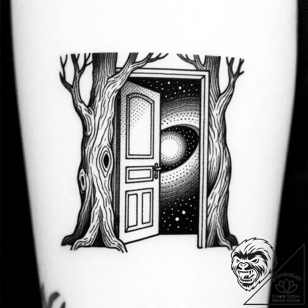 Doorway in a forest opening to a cosmic scene... - style Flux Inscriptions - tattoo sketch (10.11.2025 00:16)