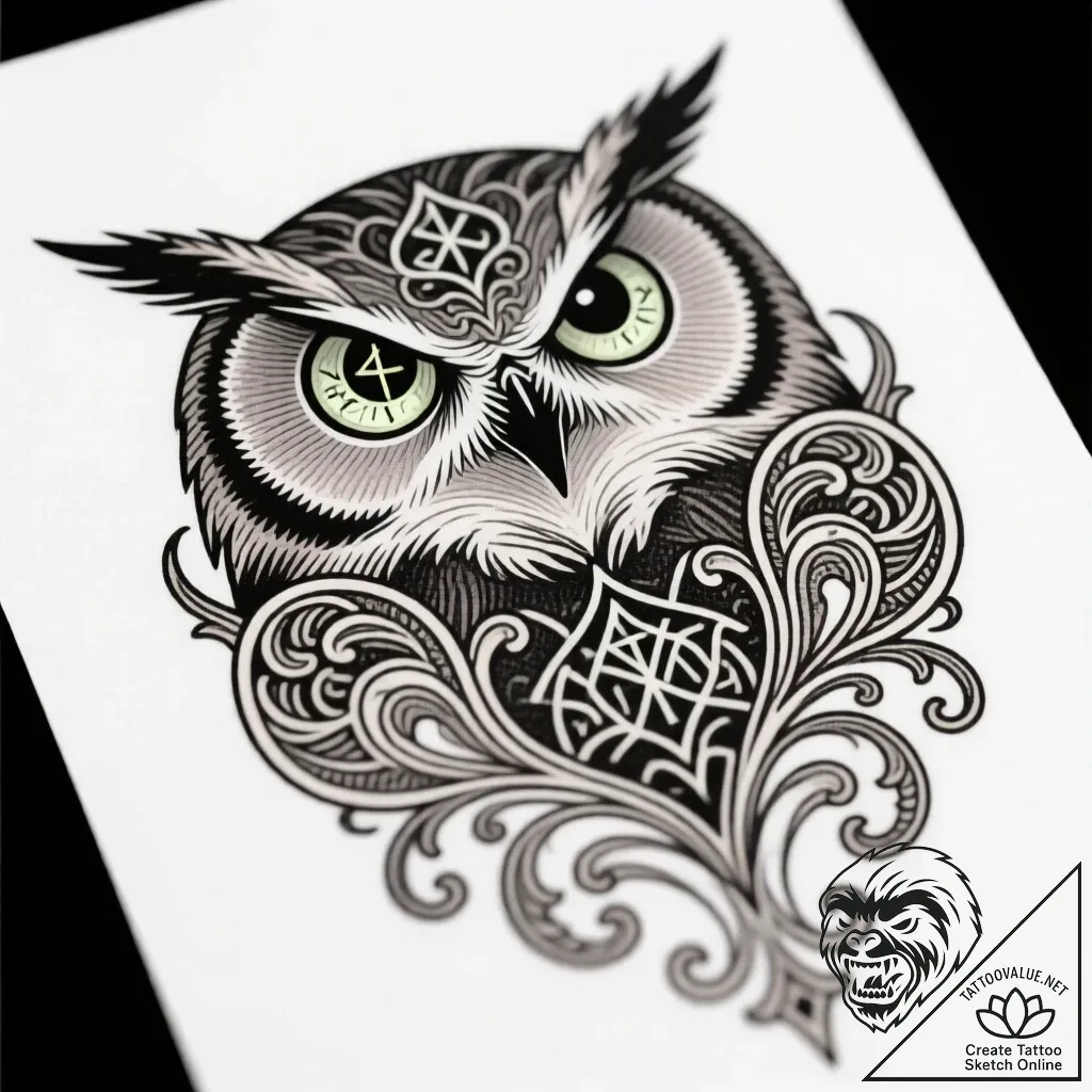 Arcane owl with rune eyes, ink illustration f... - style Flux Inscriptions - tattoo sketch (10.11.2025 00:28)