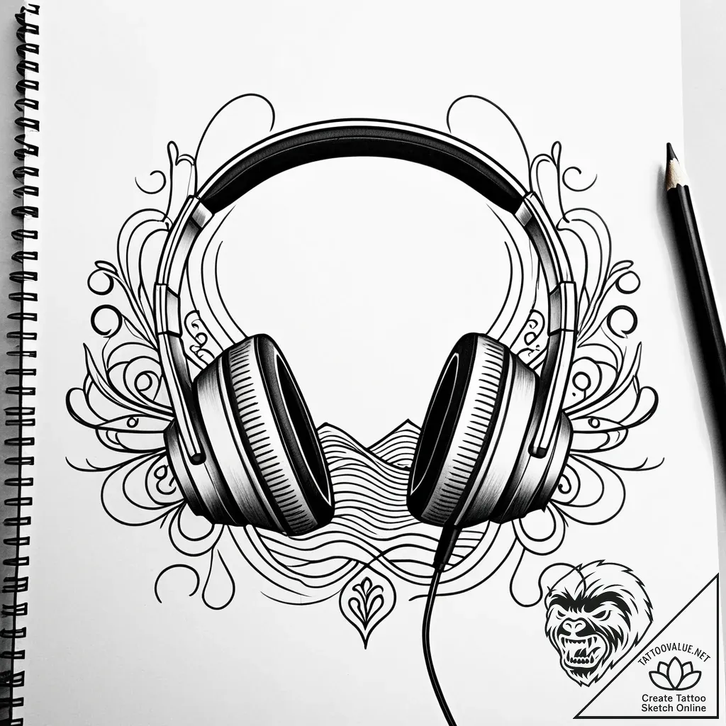 Headphones with visible sound waves flowing o... - style Jaeger Simple - tattoo sketch (10.11.2025 00:43)