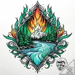 Emerald flame beneath frozen river, concept a… – style Jaeger Mini – tattoo sketch (10.11.2025 00:46)