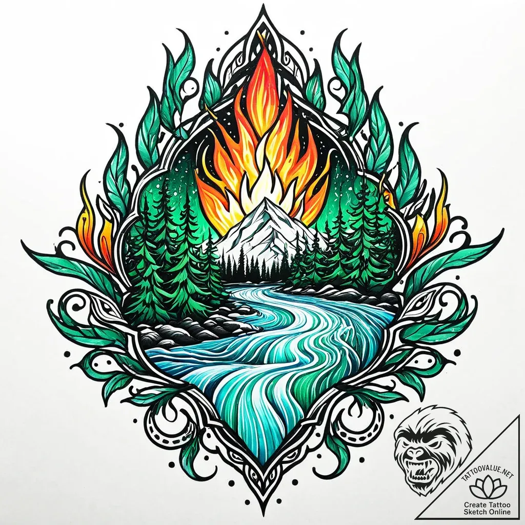 Emerald flame beneath frozen river, concept a... - style Jaeger Mini - tattoo sketch (10.11.2025 00:46)