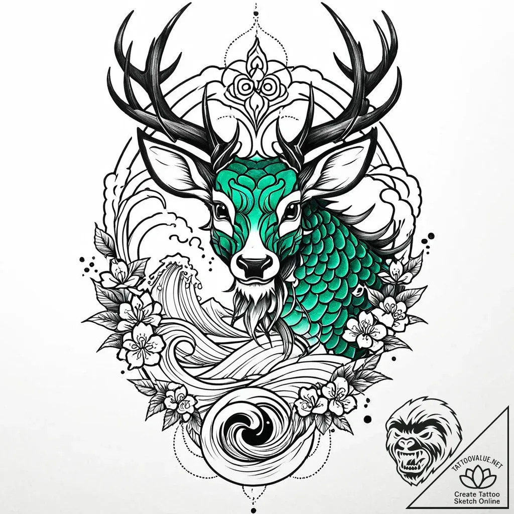 Emerald stag in spectral forest, concept art... - style Jaeger Mini - tattoo sketch (10.11.2025 01:10)