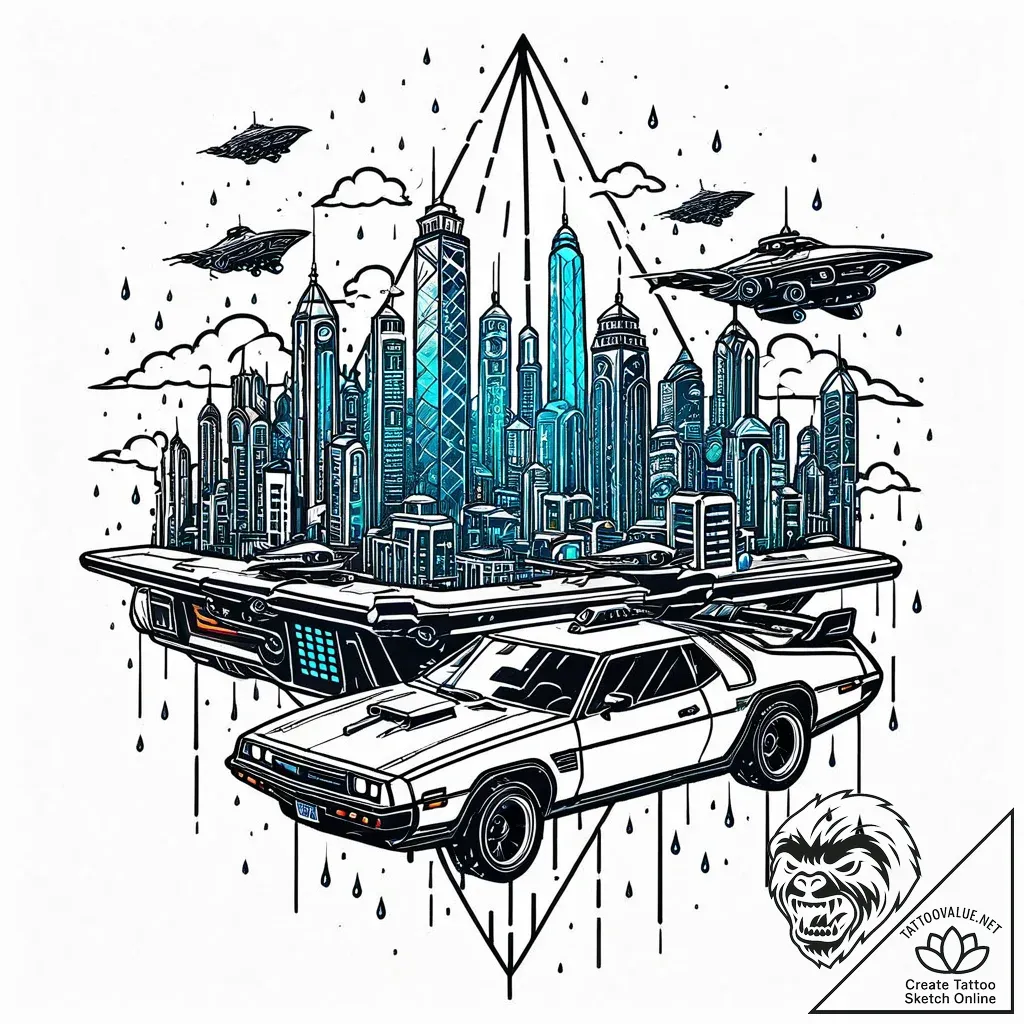 Tat tattoo sketch, cyberpunk cityscape with n... - style Jaeger Mini - tattoo sketch (10.11.2025 01:22)