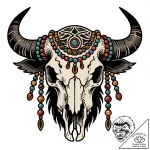 A powerful buffalo skull adorned with feather… – style Flux Inscriptions – tattoo sketch (10.11.2025 01:40)
