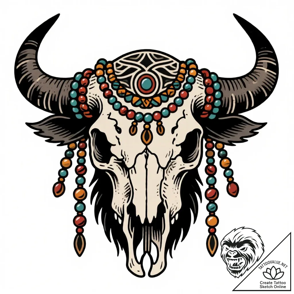 A powerful buffalo skull adorned with feather... - style Flux Inscriptions - tattoo sketch (10.11.2025 01:40)
