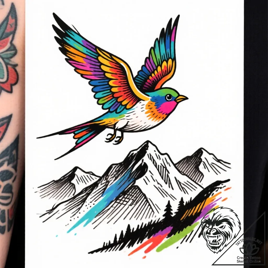 A whimsical bird flying over mountains, freed... - style Flux Inscriptions - tattoo sketch (10.11.2025 03:28)