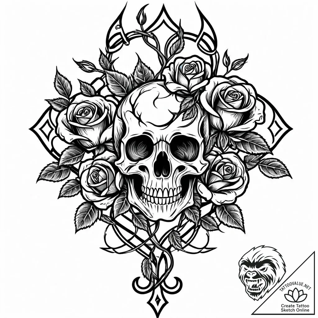Burning roses entwining skeletal tree, ink il... - style Jaeger Mini - tattoo sketch (10.11.2025 03:34)