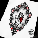 Ornate hand mirror with no reflection, just a… – style Flux Inscriptions – tattoo sketch (10.11.2025 03:40)