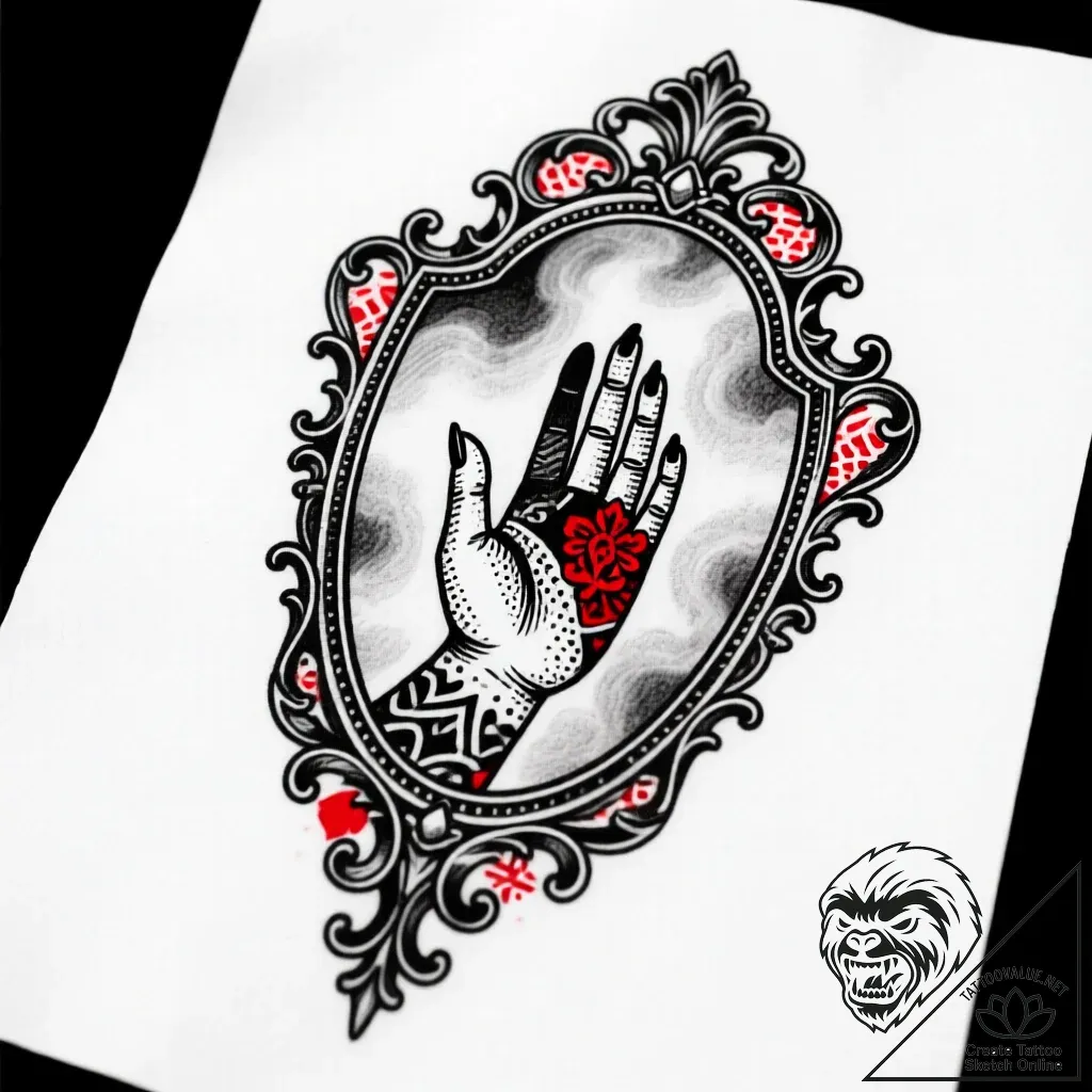 Ornate hand mirror with no reflection, just a... - style Flux Inscriptions - tattoo sketch (10.11.2025 03:40)