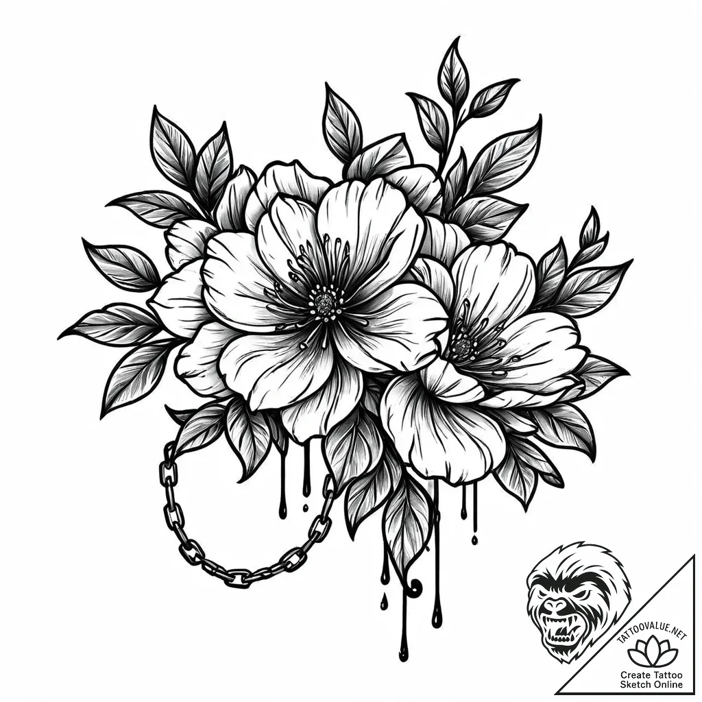 Blood flower blooming from chain, artistic ta... - style Jaeger Mini - tattoo sketch (10.11.2025 03:57)