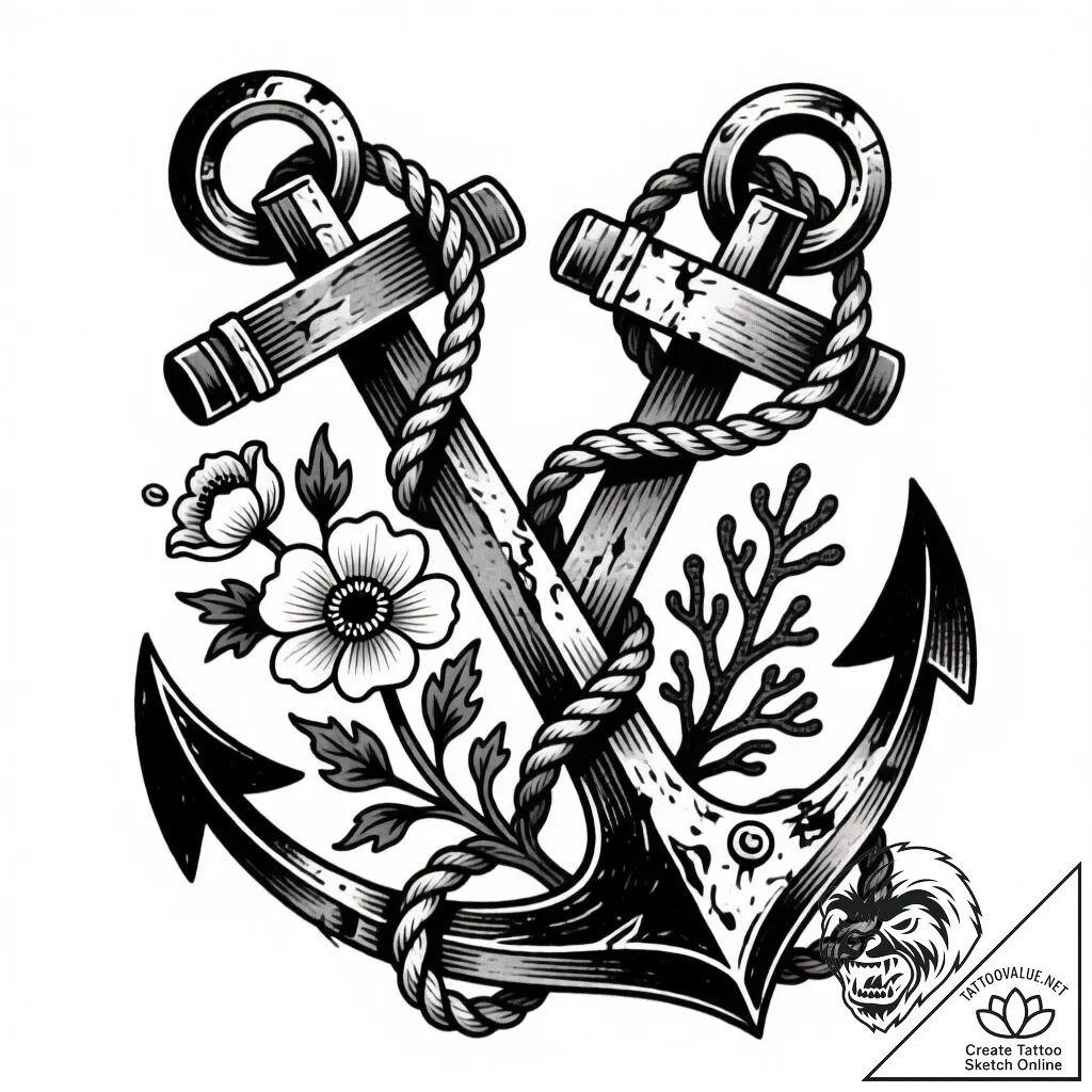 Tattoo sketch, crossed anchors entwined with... - style Flux Inscriptions - tattoo sketch (10.11.2025 04:16)