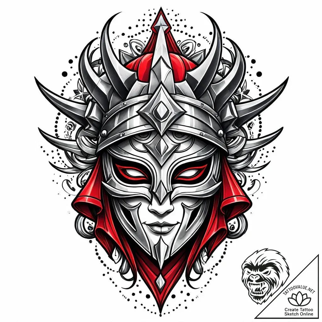 Silver helm beneath crimson veil, tattoo sket... - style Jaeger Mini - tattoo sketch (10.11.2025 04:34)