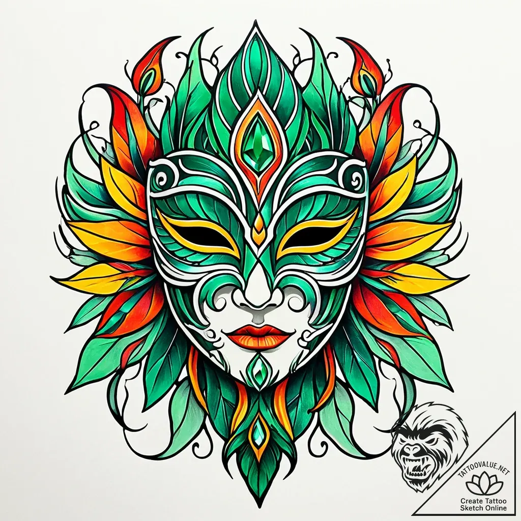 Emerald mask bound in roots, ink illustration... - style Jaeger Simple - tattoo sketch (10.11.2025 04:42)