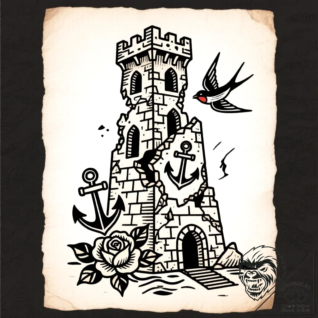 Tower of babel, unfinished and crumbling, tat... - style Flux Inscriptions - tattoo sketch (10.11.2025 05:16)