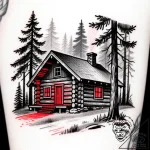 Log cabin in a pine forest, tattoo drawing ou… – style Flux Inscriptions – tattoo sketch (10.11.2025 05:28)