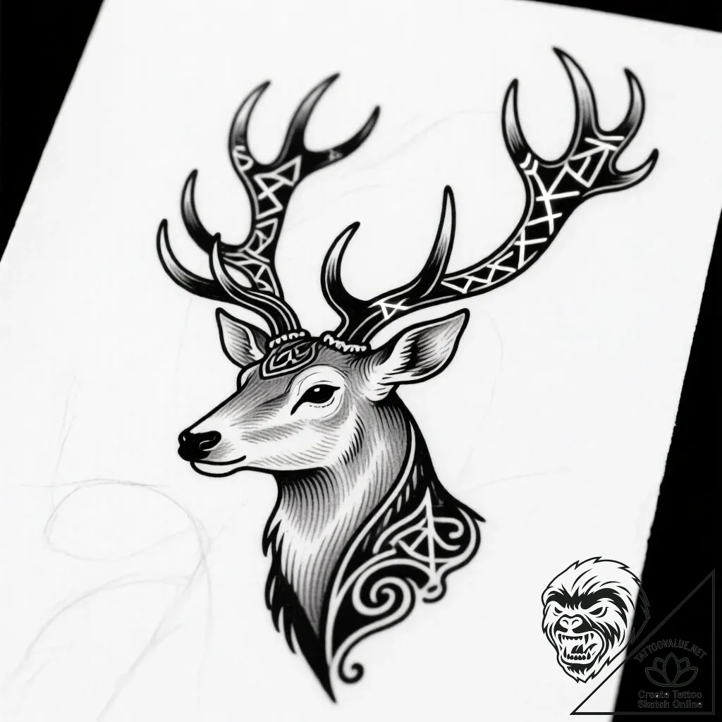 Ancient stag with rune antlers, ink illustrat... - style Flux Inscriptions - tattoo sketch (10.11.2025 05:40)