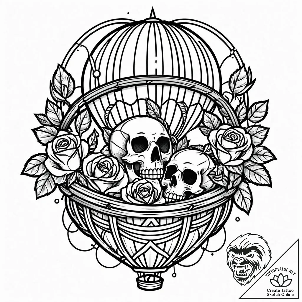 A whimsical hot air balloon basket with anima... - style Jaeger Mini - tattoo sketch (10.11.2025 05:58)