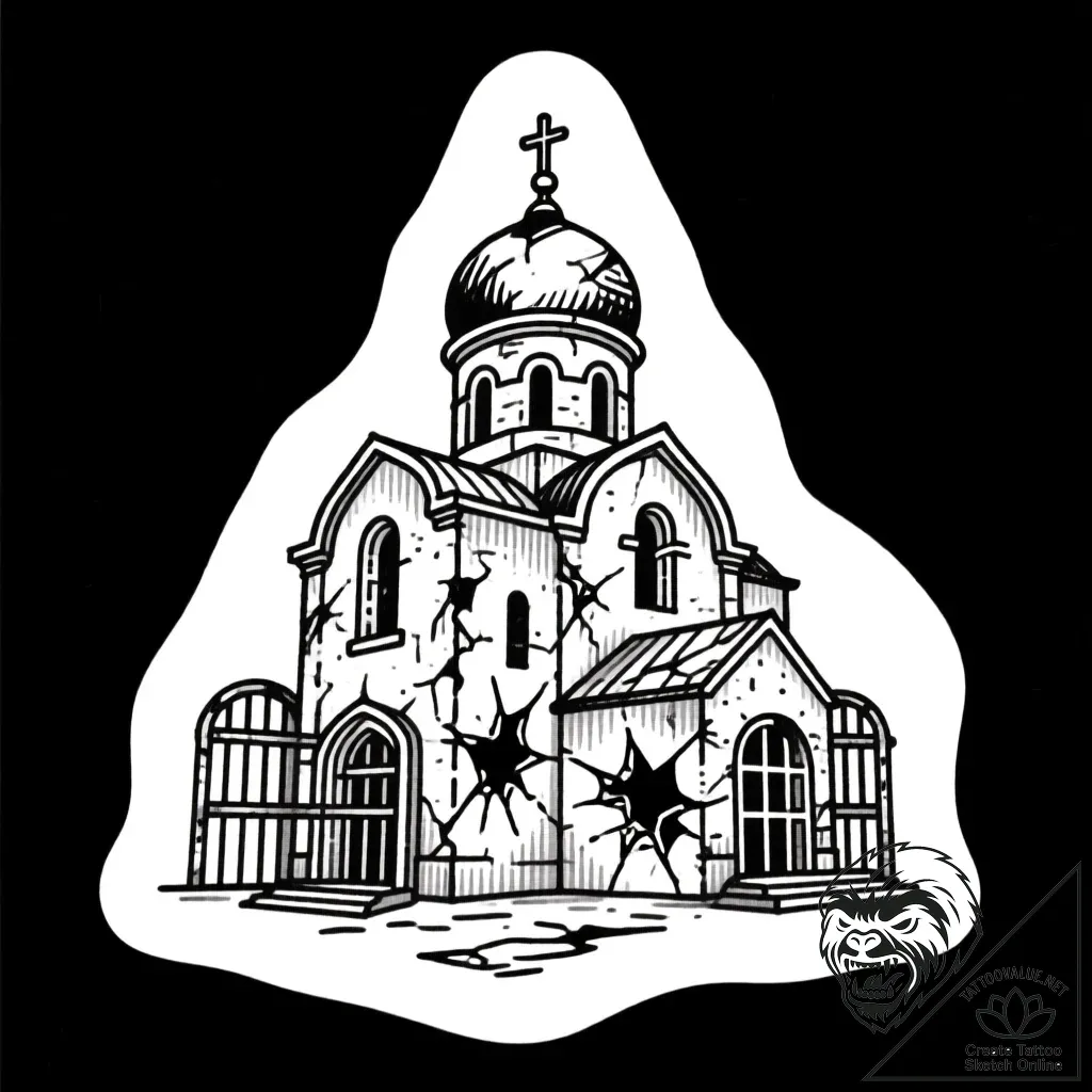 Russian prison-style tattoo of a cathedral, b... - style Flux Inscriptions - tattoo sketch (10.11.2025 06:40)