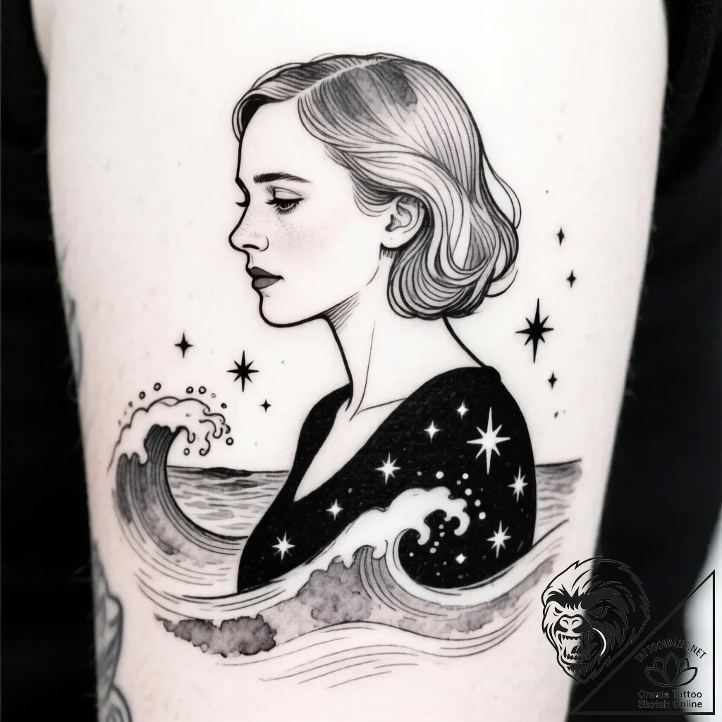 Tat tattoo sketch, saoirse silhouette with wa... - style Flux Inscriptions - tattoo sketch (10.11.2025 06:52)