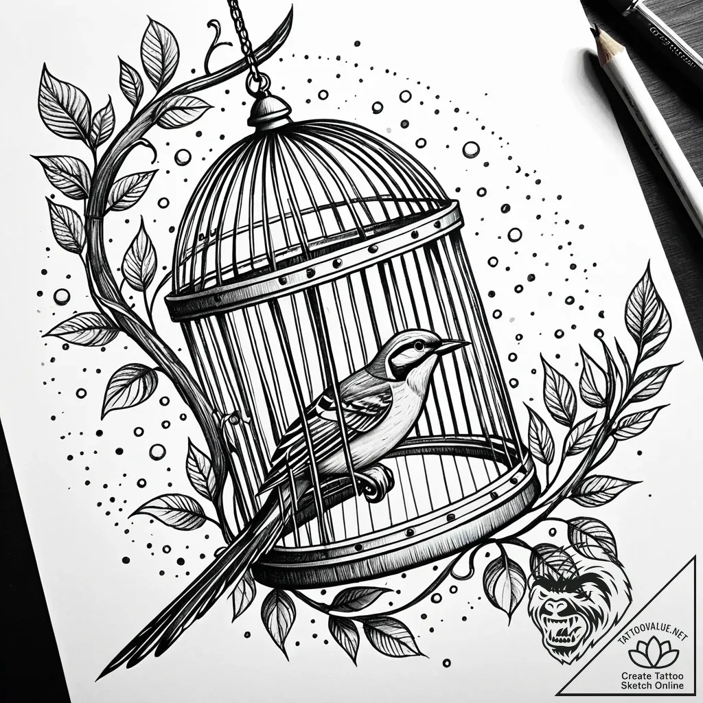 A whimsical birdcage swing, playful,, concept... - style Jaeger Simple - tattoo sketch (10.11.2025 06:55)