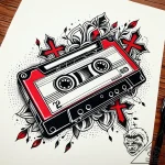 A retro cassette tape unspooling, tattoo flas… – style Jaeger Simple – tattoo sketch (10.11.2025 07:42)