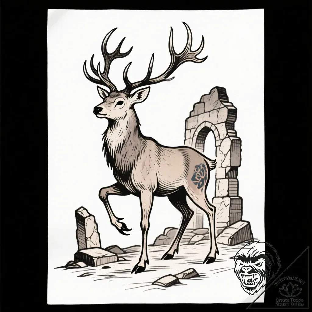 Clawed stag standing on ruins, tattoo flash s... - style Flux Inscriptions - tattoo sketch (10.11.2025 08:28)