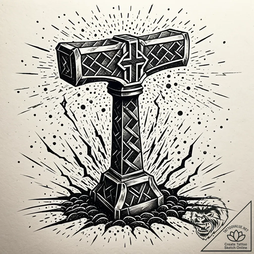 Mjolnir (thor's hammer) cracking the ground w... - style Jaeger Simple - tattoo sketch (10.11.2025 08:30)