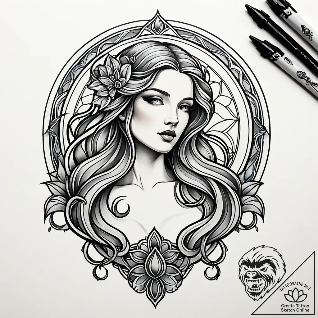 Art nouveau aphrodite, concept art for tattoo... - style Jaeger Simple - tattoo sketch (10.11.2025 08:55)