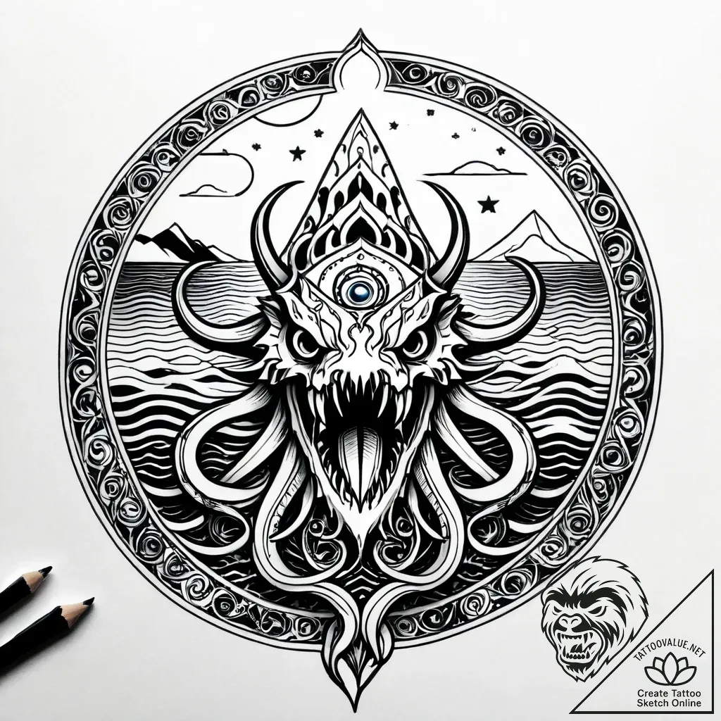 Kraken eye beneath frozen sea, ink illustrati... - style Jagger Old - tattoo sketch (10.11.2025 09:01)