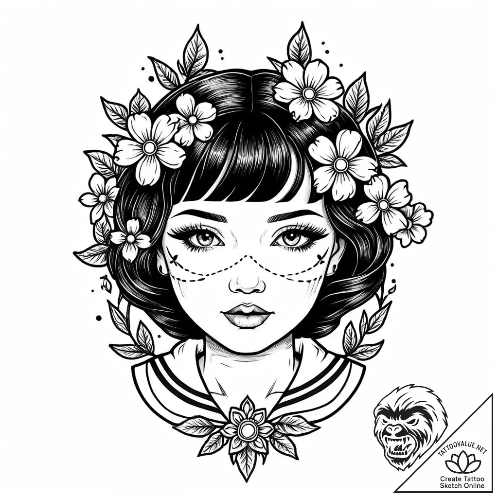 Cracked porcelain doll face with a single, pe... - style Jaeger Mini - tattoo sketch (10.11.2025 09:10)