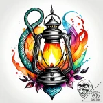 Burning lantern guarded by serpent, ink illus… – style Jagger Old – tattoo sketch (10.11.2025 09:12)