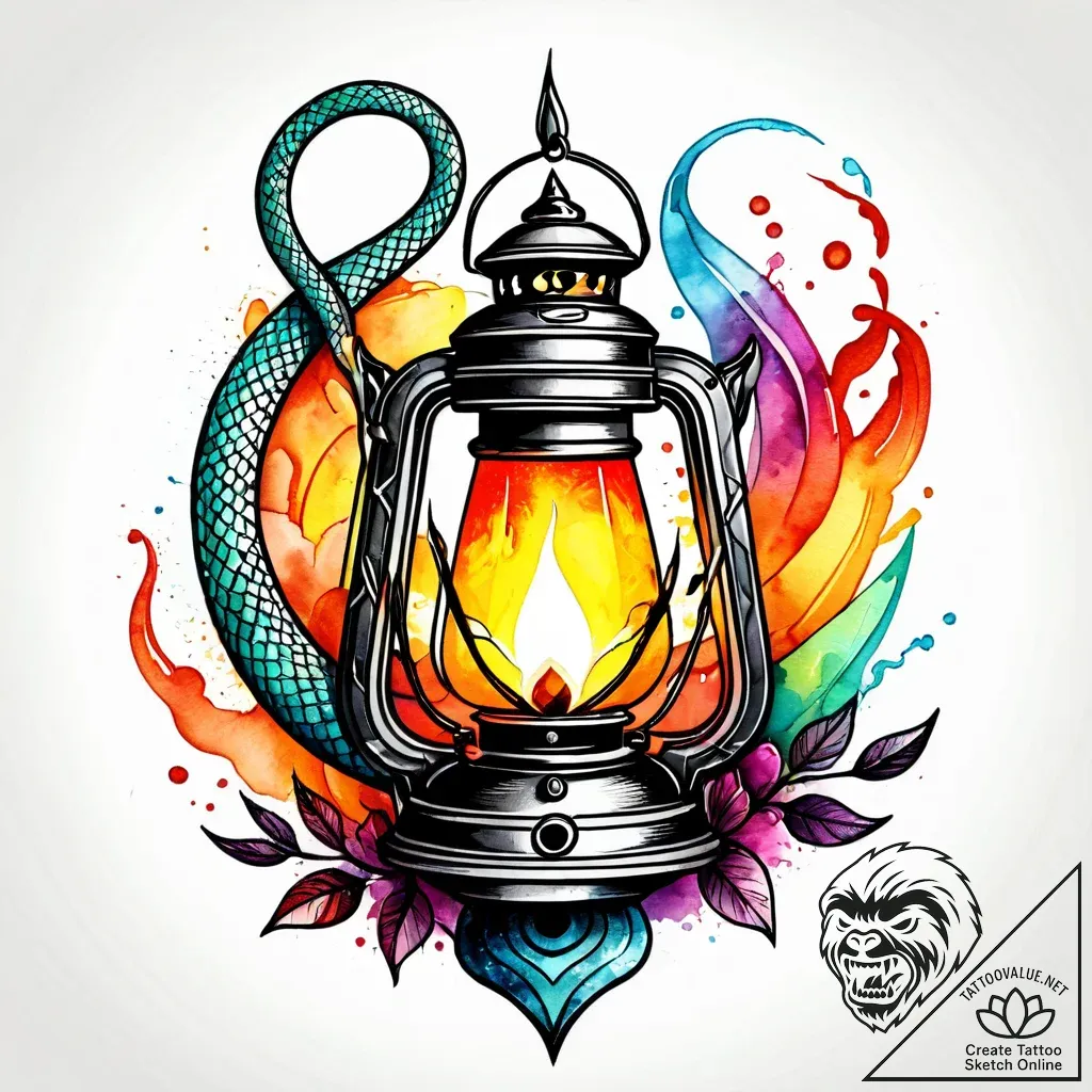 Burning lantern guarded by serpent, ink illus... - style Jagger Old - tattoo sketch (10.11.2025 09:12)