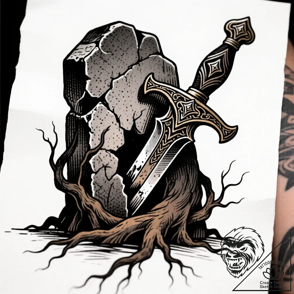 Dagger embedded in stone, artistic tattoo ske... - style Flux Inscriptions - tattoo sketch (10.11.2025 09:28)
