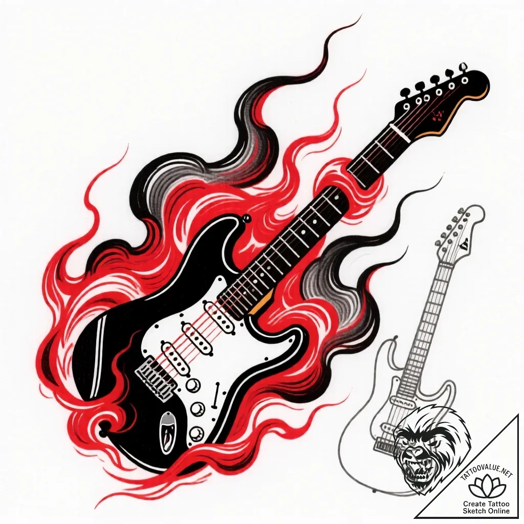 Tattoo sketch, roaring electric guitar on fir... - style Flux Inscriptions - tattoo sketch (10.11.2025 09:40)