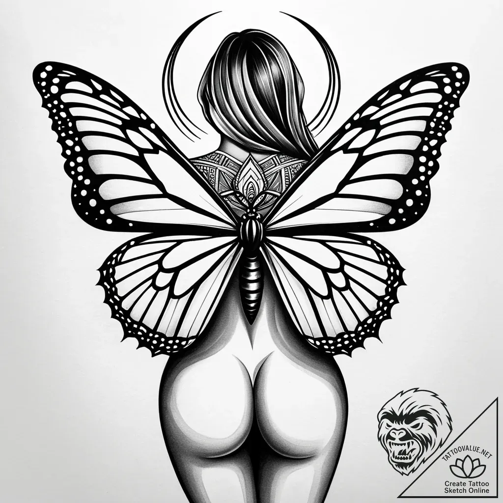 Monarch butterfly wings emerging from a woman... - style Jaeger Simple - tattoo sketch (10.11.2025 09:55)