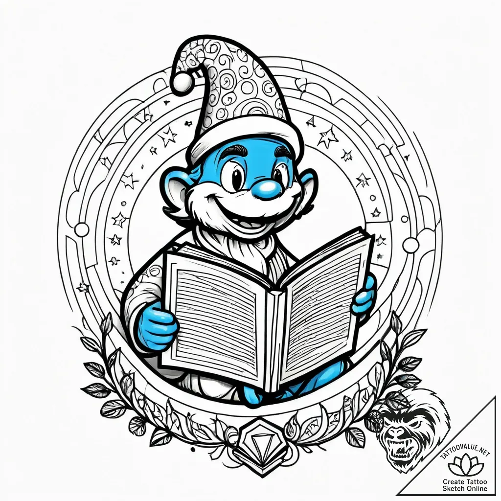 Tattoo sketch, brainy smurf reading book with... - style Jagger Old - tattoo sketch (10.11.2025 10:58)