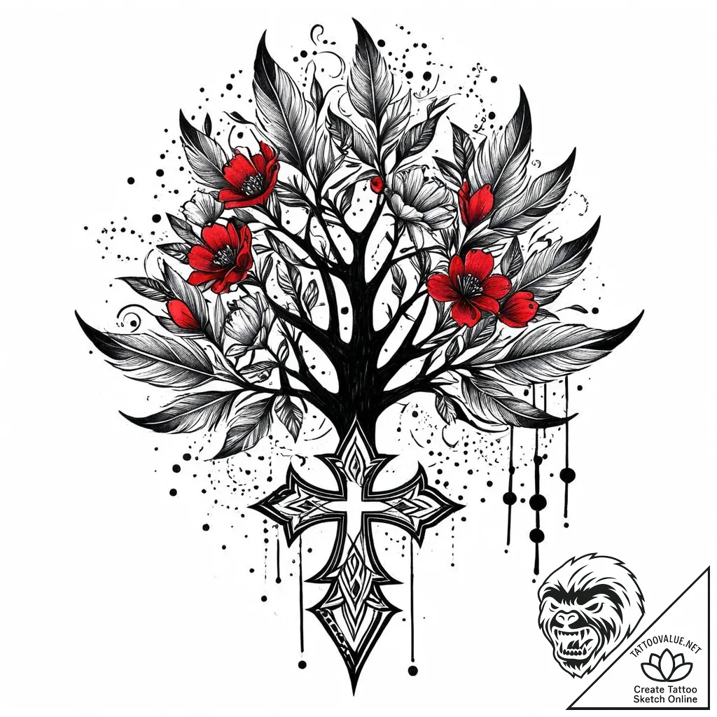 Feathered bloom beneath spectral tree, tattoo... - style Jaeger Mini - tattoo sketch (10.11.2025 11:19)