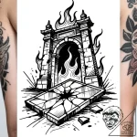 Fractured mirror beneath burning gate, tattoo… – style Flux Inscriptions – tattoo sketch (10.11.2025 11:49)