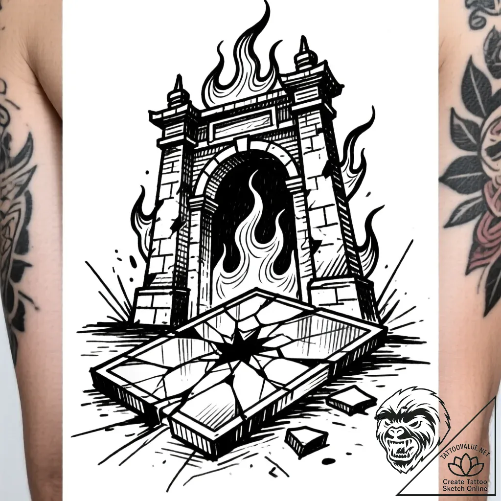 Fractured mirror beneath burning gate, tattoo... - style Flux Inscriptions - tattoo sketch (10.11.2025 11:49)