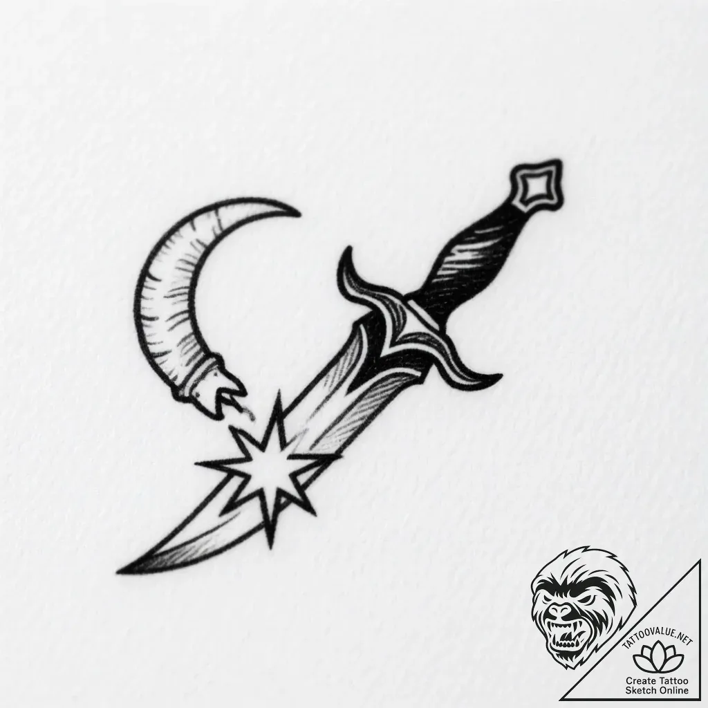 Horned blade devouring starlight, tattoo draw... - style Flux Inscriptions - tattoo sketch (10.11.2025 12:01)